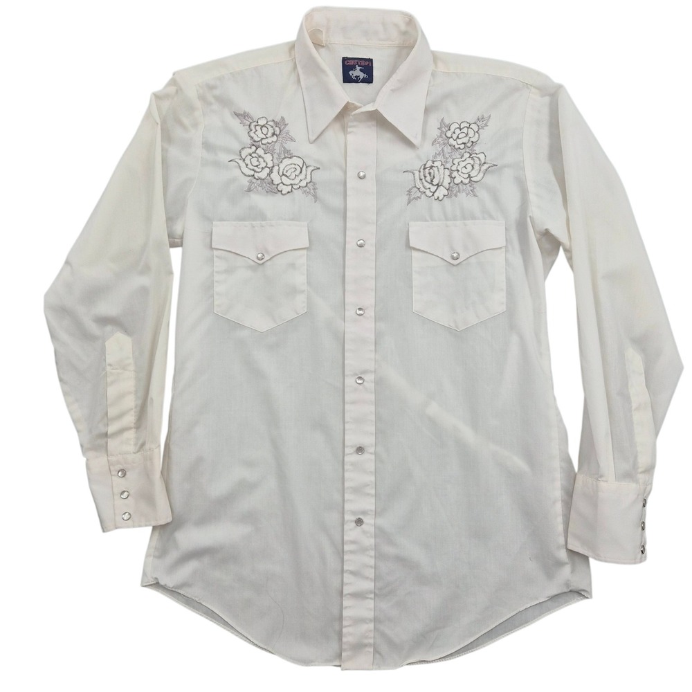 Chute #1 Mens Vintage Western Pearl Snap Shirt Ivory Floral Rose Embroidered L